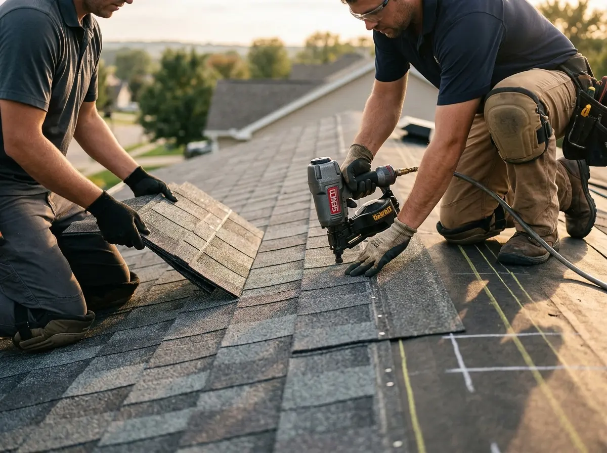 Professional roofer working on a residential roof in Milford